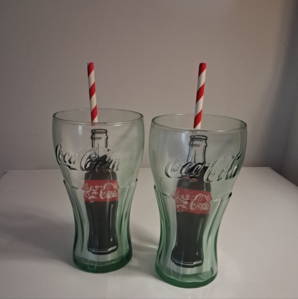 Coca Cola Green Glass Tumblers with Bottle Graphic - Pair